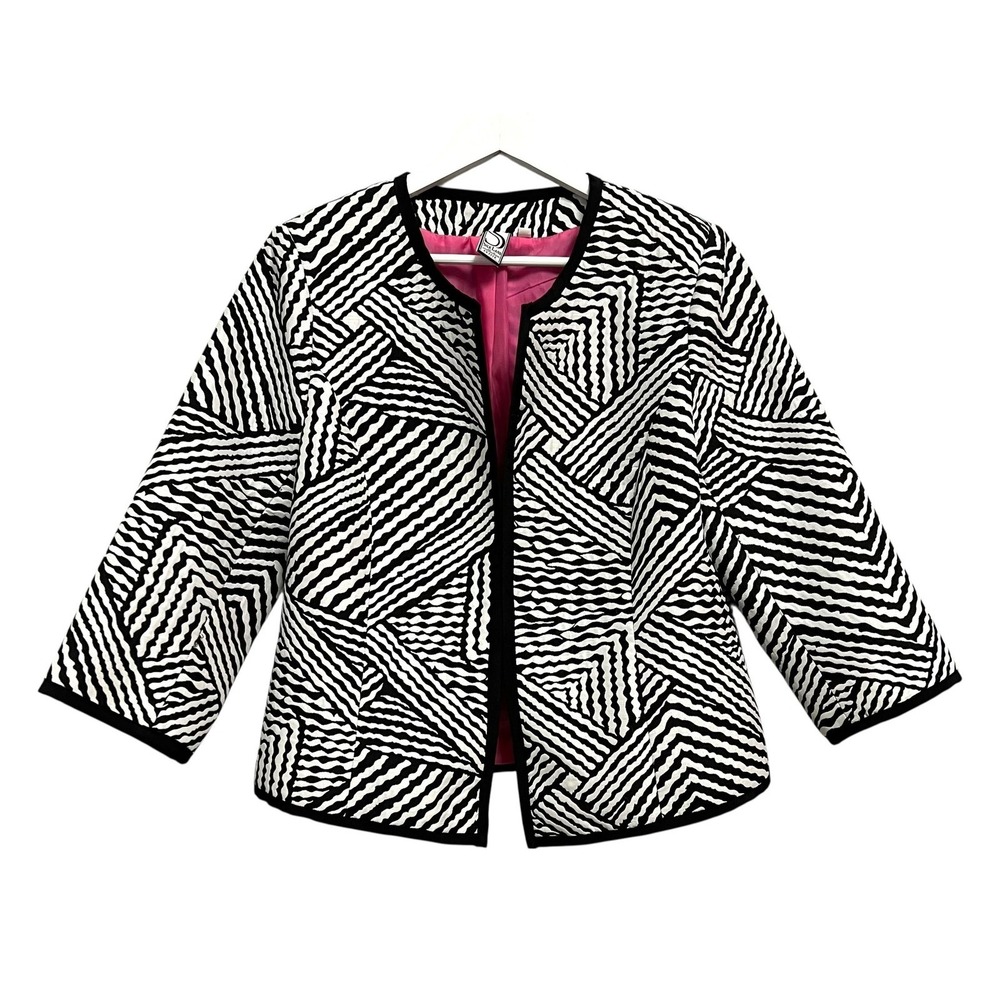 Silk Land Jacket Womens Petite XL Black White Geometric Zebra‎ Collarless Lined